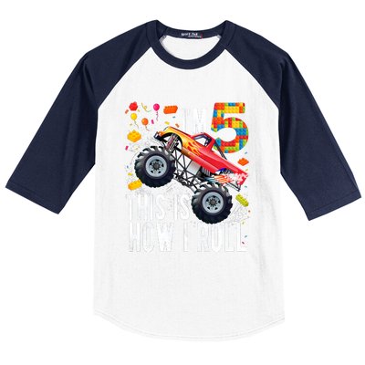 Kids 5 Year Old Building Blocks Monster Truck 5th Birthday Boy Baseball Sleeve Shirt