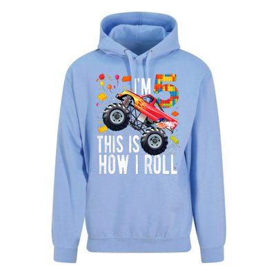 Kids 5 Year Old Building Blocks Monster Truck 5th Birthday Boy Unisex Surf Hoodie