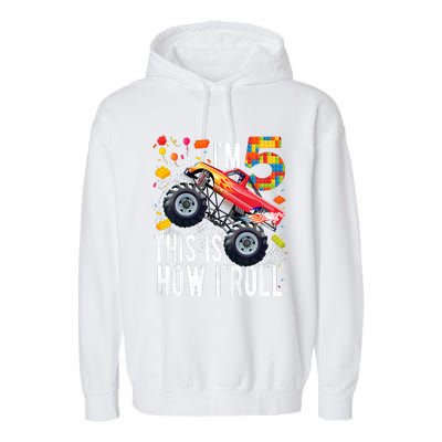 Kids 5 Year Old Building Blocks Monster Truck 5th Birthday Boy Garment-Dyed Fleece Hoodie