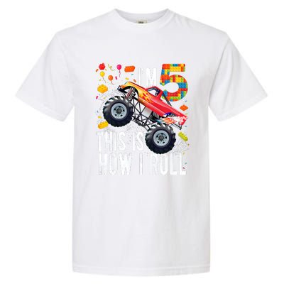 Kids 5 Year Old Building Blocks Monster Truck 5th Birthday Boy Garment-Dyed Heavyweight T-Shirt