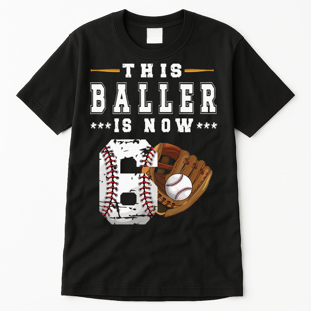 Kids 6th Birthday Baseball Boy Six Year Old Baseball Player Tall T-Shirt