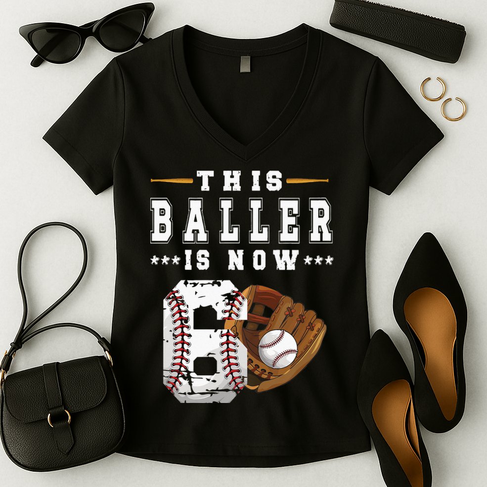Kids 6th Birthday Baseball Boy Six Year Old Baseball Player Women's V-Neck T-Shirt