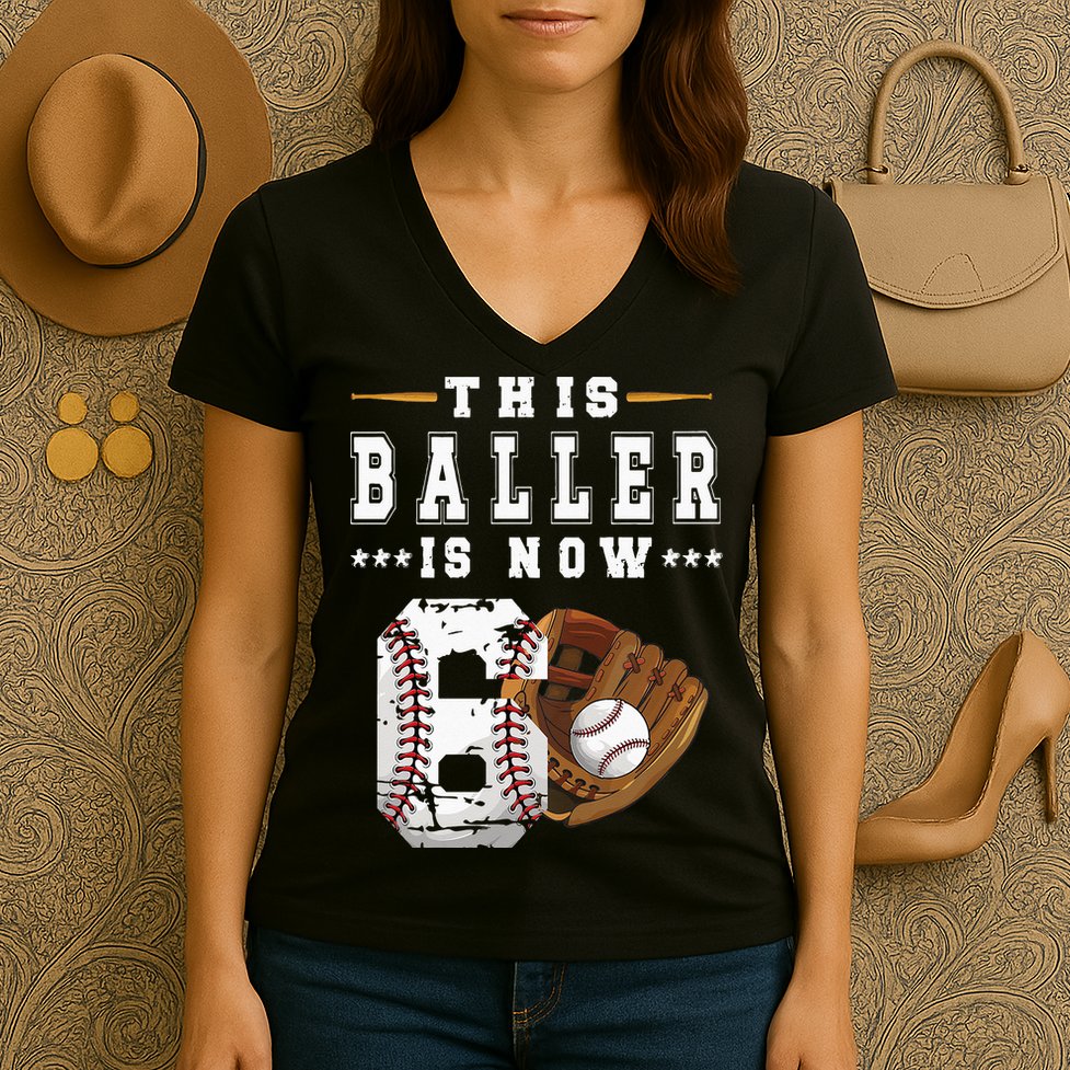 Kids 6th Birthday Baseball Boy Six Year Old Baseball Player Women's V-Neck T-Shirt