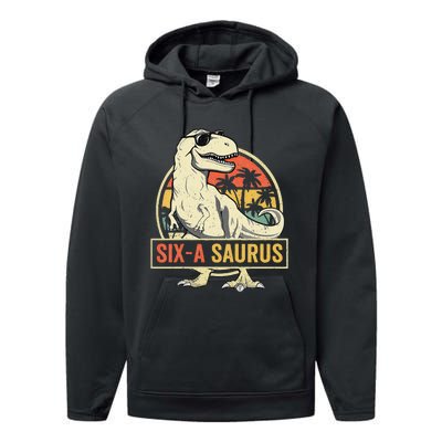 Kids 6 Year Old Dinosaur Birthday 6th T Rex Dino Six Saurus Performance Fleece Hoodie