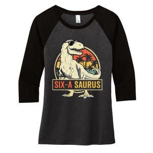 Kids 6 Year Old Dinosaur Birthday 6th T Rex Dino Six Saurus Women's Tri-Blend 3/4-Sleeve Raglan Shirt