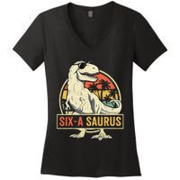 Kids 6 Year Old Dinosaur Birthday 6th T Rex Dino Six Saurus Women's V-Neck T-Shirt