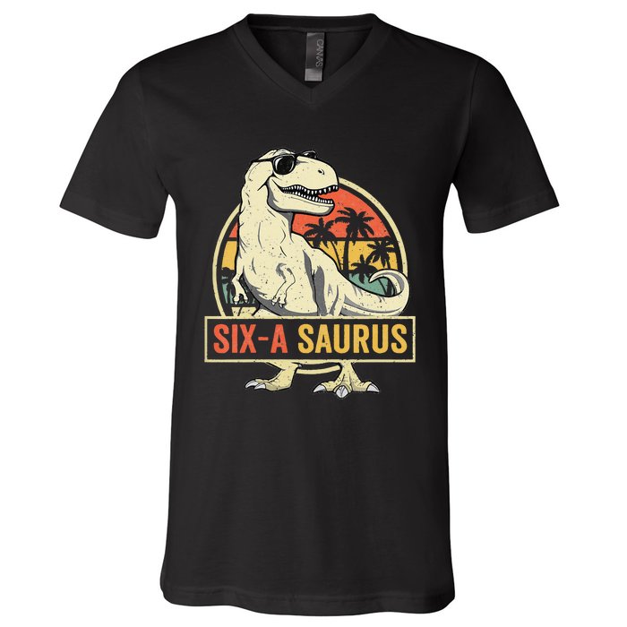 Kids 6 Year Old Dinosaur Birthday 6th T Rex Dino Six Saurus V-Neck T-Shirt