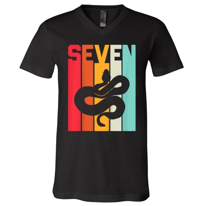 Kids 7th Birthday Vintage Snake Lover Pet Reptile 7 Years Old V-Neck T-Shirt