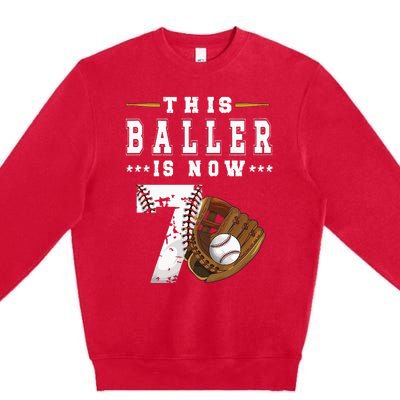 Kids 7th Birthday Baseball Boy Seven Year Old Baseball Player Premium Crewneck Sweatshirt