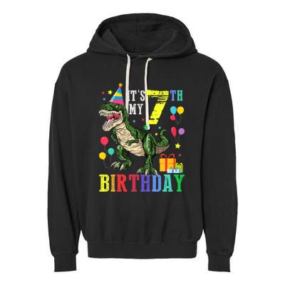 Kid 7 Year Old 7th Birthday Boy T Rex Dinosaur Gift Garment-Dyed Fleece Hoodie