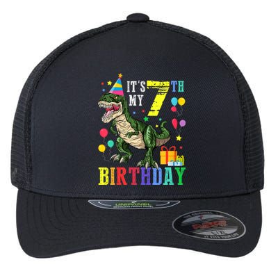 Kid 7 Year Old 7th Birthday Boy T Rex Dinosaur Gift Flexfit Unipanel Trucker Cap