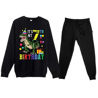 Kid 7 Year Old 7th Birthday Boy T Rex Dinosaur Gift Premium Crewneck Sweatsuit Set