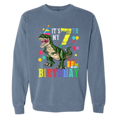 Kid 7 Year Old 7th Birthday Boy T Rex Dinosaur Gift Garment-Dyed Sweatshirt