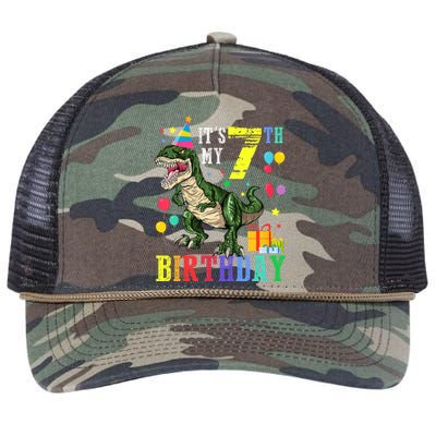 Kid 7 Year Old 7th Birthday Boy T Rex Dinosaur Gift Retro Rope Trucker Hat Cap