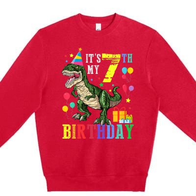 Kid 7 Year Old 7th Birthday Boy T Rex Dinosaur Gift Premium Crewneck Sweatshirt