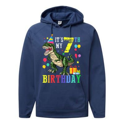 Kid 7 Year Old 7th Birthday Boy T Rex Dinosaur Gift Performance Fleece Hoodie