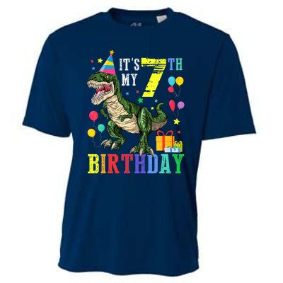 Kid 7 Year Old 7th Birthday Boy T Rex Dinosaur Gift Cooling Performance Crew T-Shirt