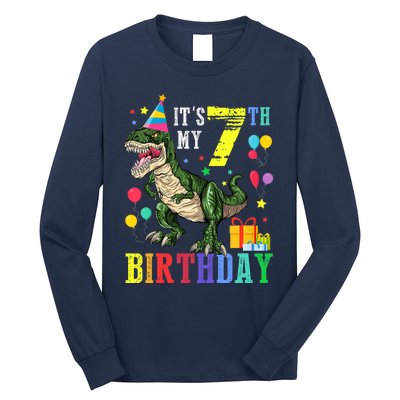 Kid 7 Year Old 7th Birthday Boy T Rex Dinosaur Gift Long Sleeve Shirt