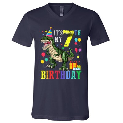 Kid 7 Year Old 7th Birthday Boy T Rex Dinosaur Gift V-Neck T-Shirt