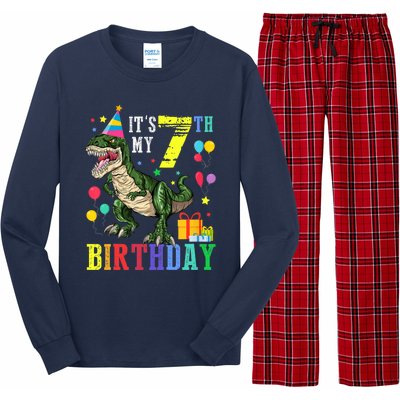 Kid 7 Year Old 7th Birthday Boy T Rex Dinosaur Gift Long Sleeve Pajama Set