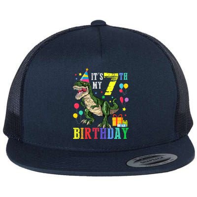 Kid 7 Year Old 7th Birthday Boy T Rex Dinosaur Gift Flat Bill Trucker Hat