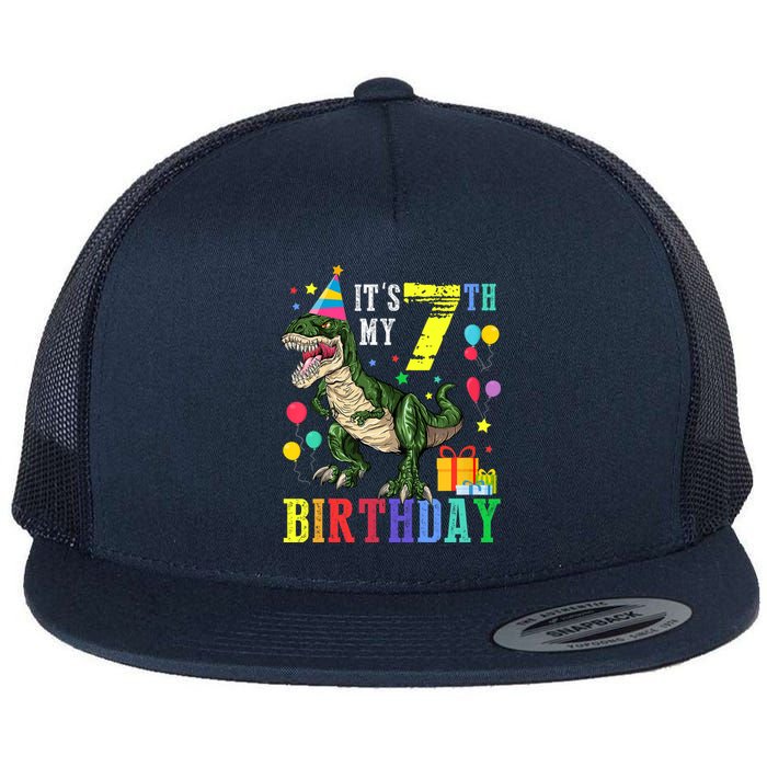 Kid 7 Year Old 7th Birthday Boy T Rex Dinosaur Gift Flat Bill Trucker Hat