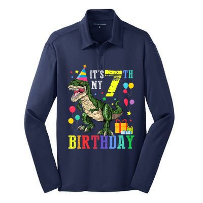 Kid 7 Year Old 7th Birthday Boy T Rex Dinosaur Gift Silk Touch Performance Long Sleeve Polo