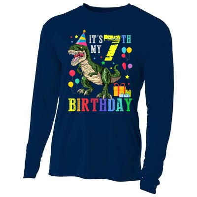 Kid 7 Year Old 7th Birthday Boy T Rex Dinosaur Gift Cooling Performance Long Sleeve Crew