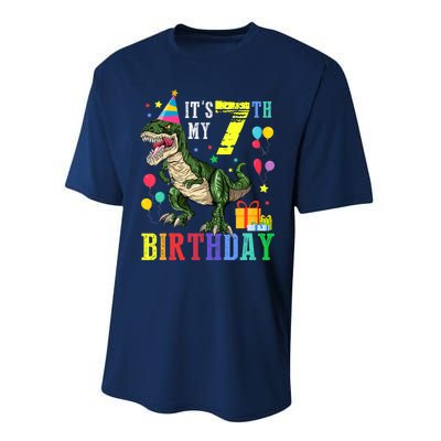 Kid 7 Year Old 7th Birthday Boy T Rex Dinosaur Gift Performance Sprint T-Shirt