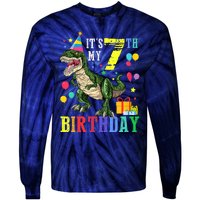 Kid 7 Year Old 7th Birthday Boy T Rex Dinosaur Gift Tie-Dye Long Sleeve Shirt