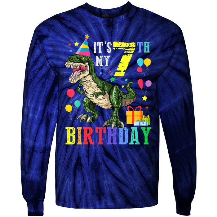 Kid 7 Year Old 7th Birthday Boy T Rex Dinosaur Gift Tie-Dye Long Sleeve Shirt