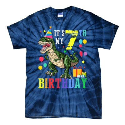 Kid 7 Year Old 7th Birthday Boy T Rex Dinosaur Gift Tie-Dye T-Shirt