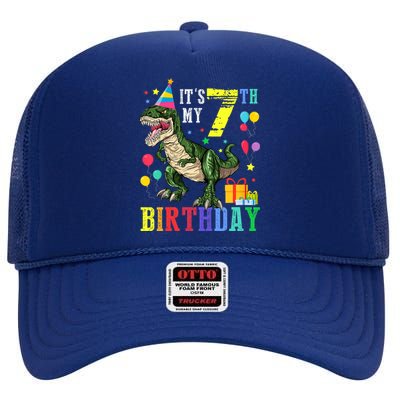 Kid 7 Year Old 7th Birthday Boy T Rex Dinosaur Gift High Crown Mesh Back Trucker Hat