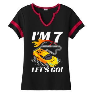 Kids 7 Year Old 7th Racing Racecar Birthday Party Ladies Halftime Notch Neck Tee