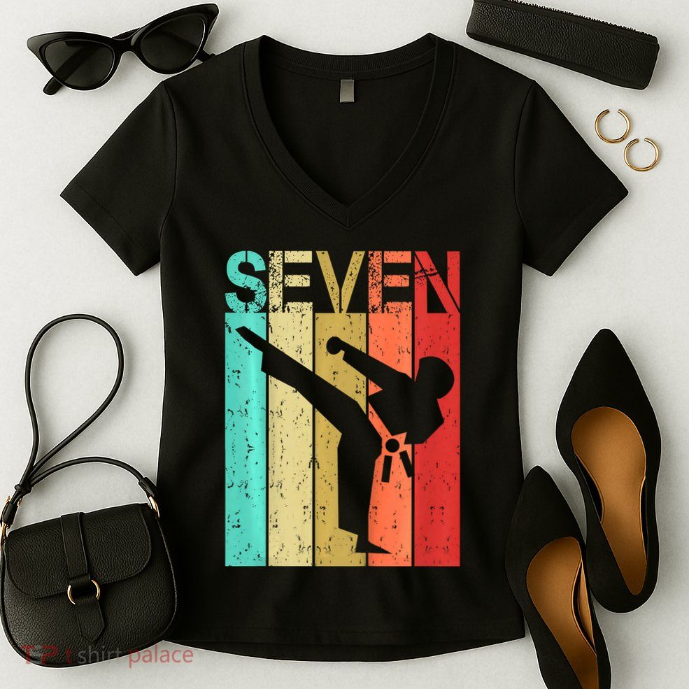 Kids 7 Year Old Karate Birthday Boy Girl 7th Birthday Karate Women's V-Neck T-Shirt
