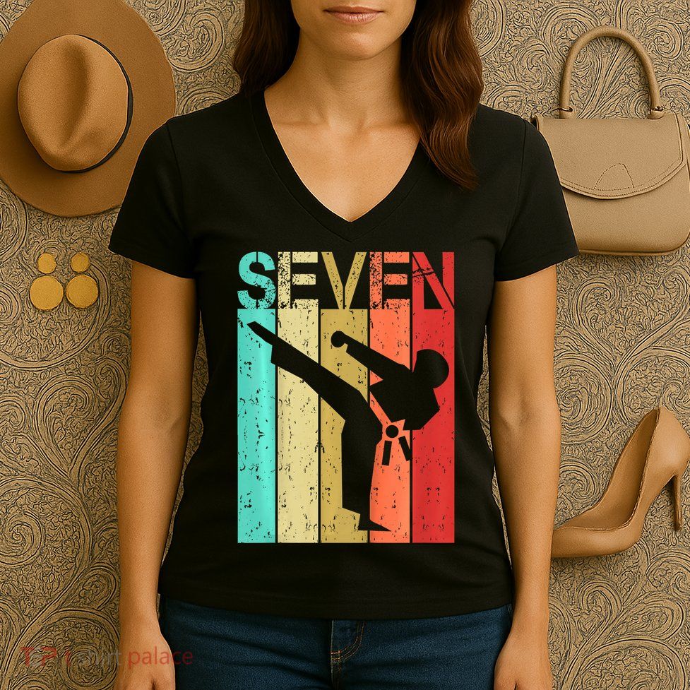 Kids 7 Year Old Karate Birthday Boy Girl 7th Birthday Karate Women's V-Neck T-Shirt
