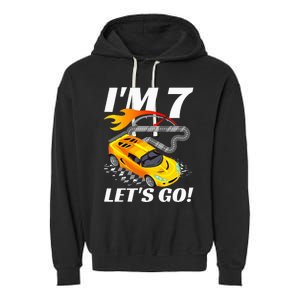 Kids 7 Year Old 7th Racing Racecar Birthday Party Garment-Dyed Fleece Hoodie