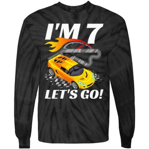 Kids 7 Year Old 7th Racing Racecar Birthday Party Tie-Dye Long Sleeve Shirt