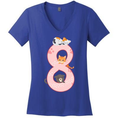 Kids 8th Birthday Girl Gift Cats Outfit 8 Years Old Gift Women's V-Neck T-Shirt