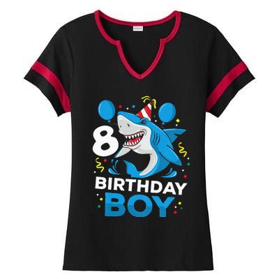 Kids 8th Birthday Boy Shark Ocean Theme Party 8 Years Old For Boy Ladies Halftime Notch Neck Tee