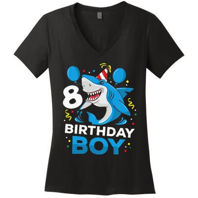 Kids 8th Birthday Boy Shark Ocean Theme Party 8 Years Old For Boy Women's V-Neck T-Shirt