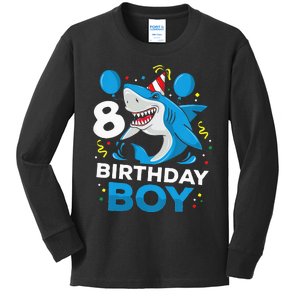 Kids 8th Birthday Boy Shark Ocean Theme Party 8 Years Old For Boy Kids Long Sleeve Shirt