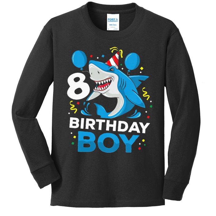 Kids 8th Birthday Boy Shark Ocean Theme Party 8 Years Old For Boy Kids Long Sleeve Shirt