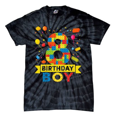 Kids 8 Year Old Building Blocks 8th Birthday Boy Tie-Dye T-Shirt