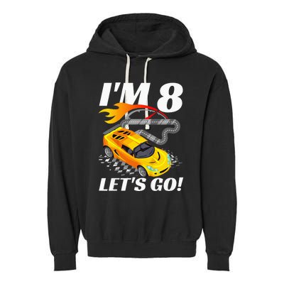 Kids 8 Year Old 8th Racing Racecar Birthday Party Garment-Dyed Fleece Hoodie