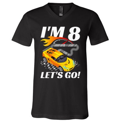 Kids 8 Year Old 8th Racing Racecar Birthday Party V-Neck T-Shirt