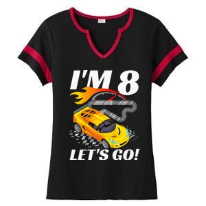 Kids 8 Year Old 8th Racing Racecar Birthday Party Ladies Halftime Notch Neck Tee