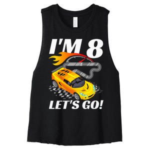 Kids 8 Year Old 8th Racing Racecar Birthday Party Women's Racerback Cropped Tank