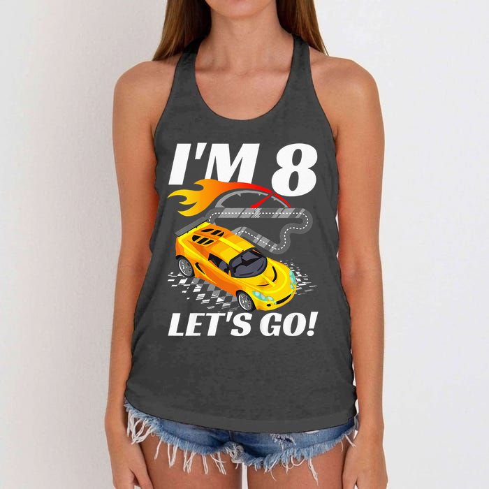 Kids 8 Year Old 8th Racing Racecar Birthday Party Women's Knotted Racerback Tank