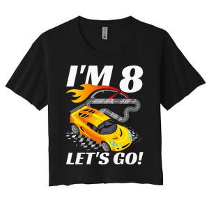 Kids 8 Year Old 8th Racing Racecar Birthday Party Women's Crop Top Tee